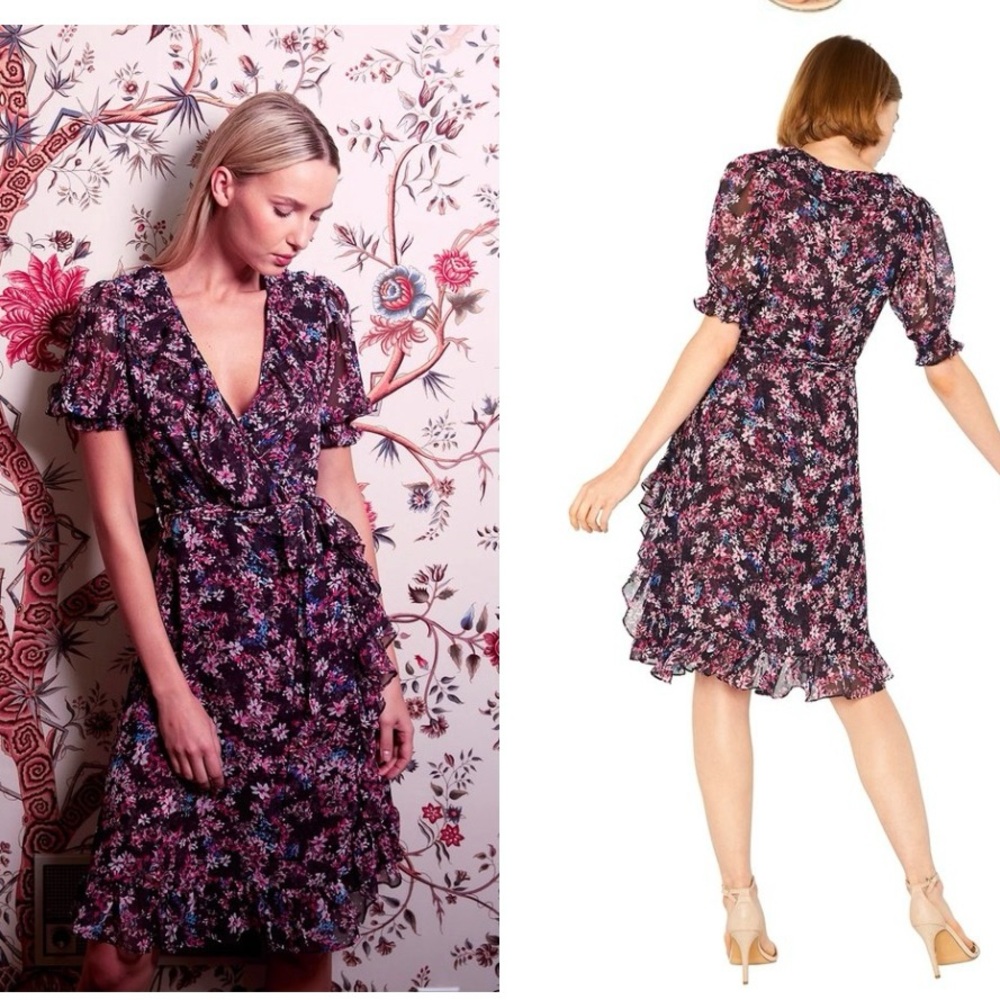 Misa Los Angeles Pink and Purple Ruffled Wrap Dress